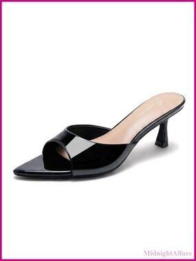 Kitten Heel Sandals Pointed Open Toe Slides Patent Faux Leather